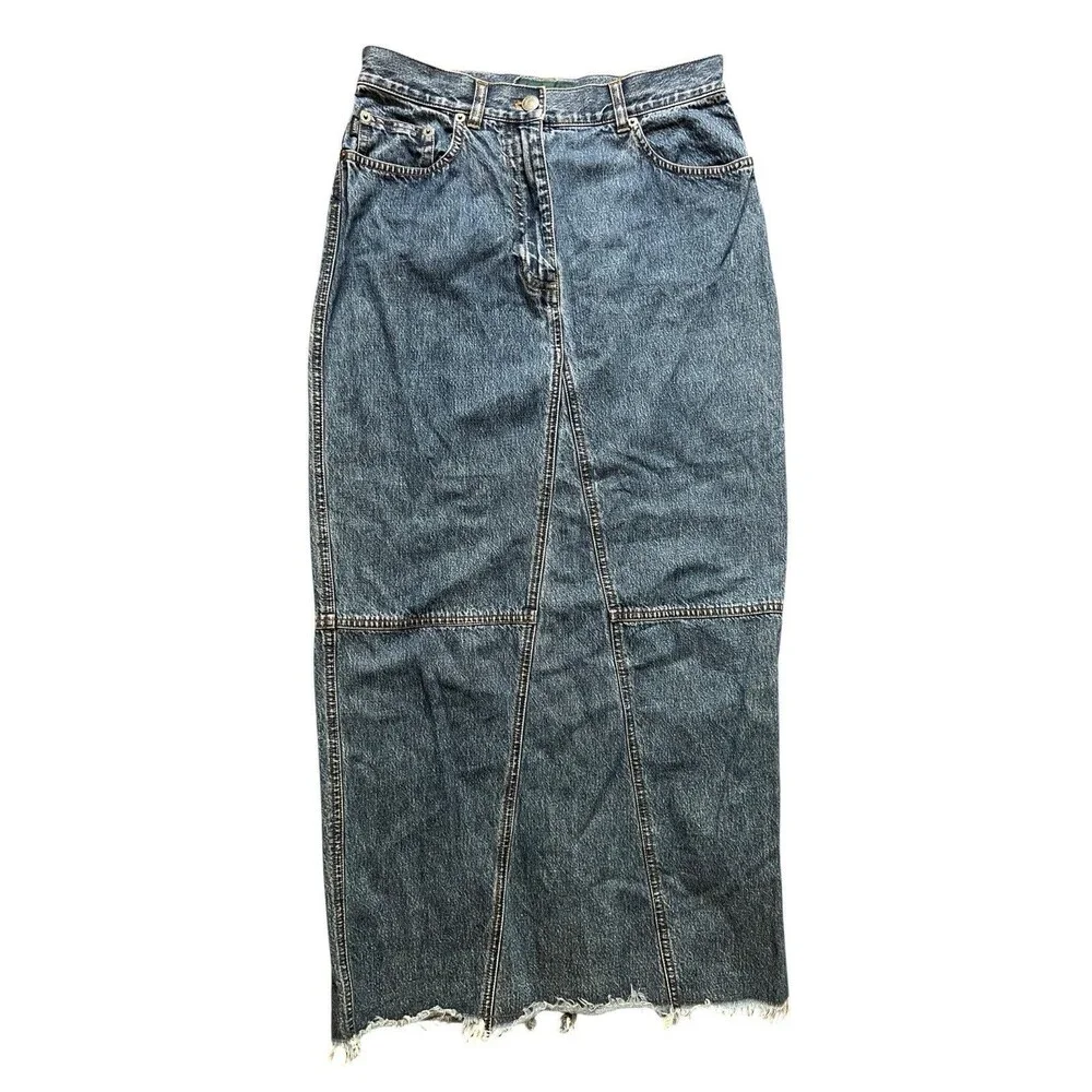 Vintage 90s Ralph Lauren Jeans Dark Wash Denim Patchwork Midi Skirt Size 4